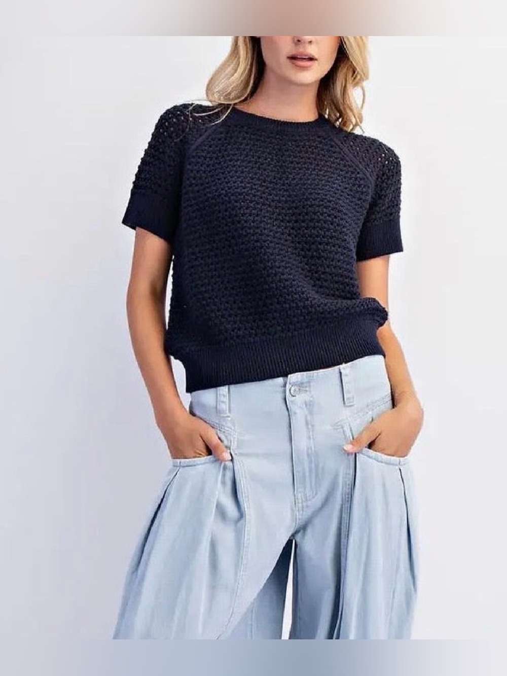 Textured Short-Sleeve Knit Top in Navy